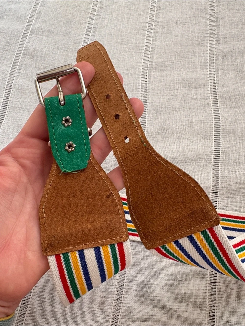 Vintage 70s Striped Multicolor Elastic Belt With Faux Green Leather Buckle.